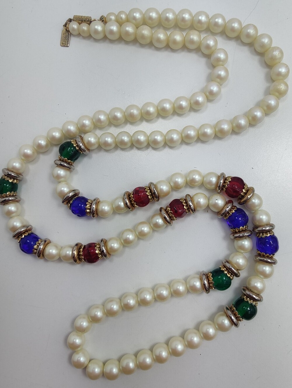 Vintage 1928 Faux Pearl Jewel Tone Beaded Long Statement Necklace 34"